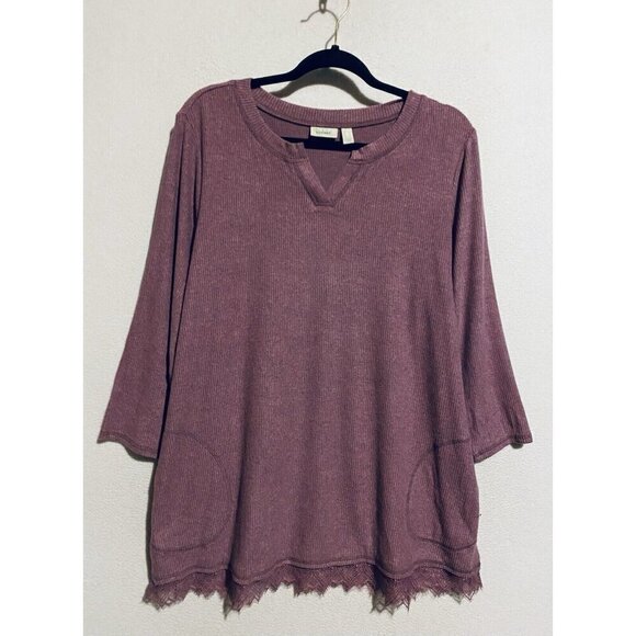 LOGO Lounge by Lori Goldstein Womens Large Mauve Orchid Rib Knit Lace Hem Boho - Picture 2 of 10